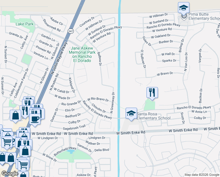 map of restaurants, bars, coffee shops, grocery stores, and more near 43303 Little Drive in Maricopa