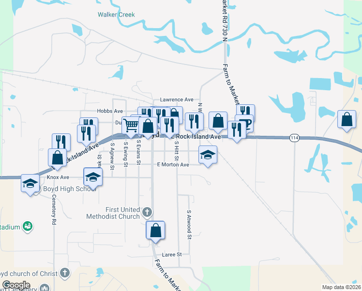 map of restaurants, bars, coffee shops, grocery stores, and more near 113 South Hitt Street in Boyd