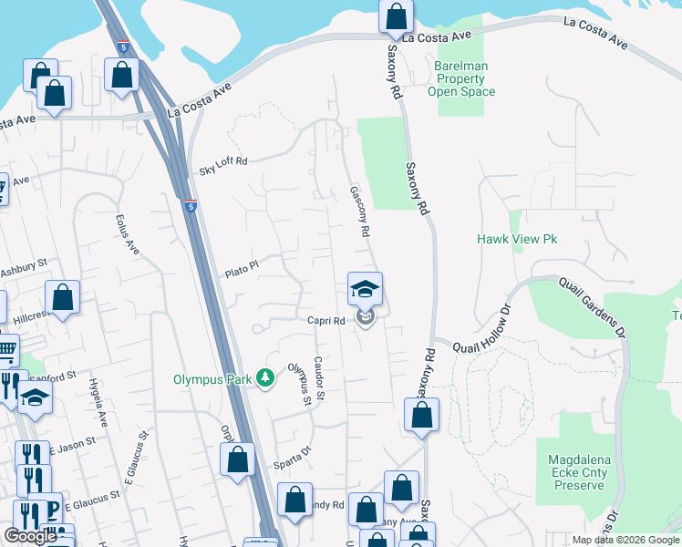 map of restaurants, bars, coffee shops, grocery stores, and more near 1585 Burgundy Road in Encinitas