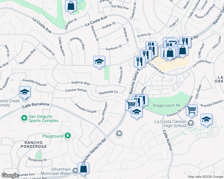 map of restaurants, bars, coffee shops, grocery stores, and more near 3102 Quebrada Circle in Carlsbad