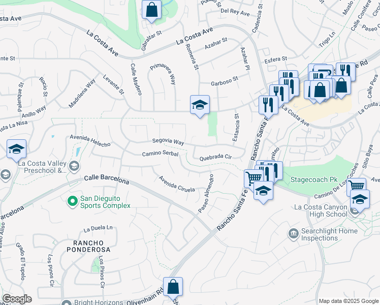 map of restaurants, bars, coffee shops, grocery stores, and more near 7831 Quebrada Circle in Carlsbad