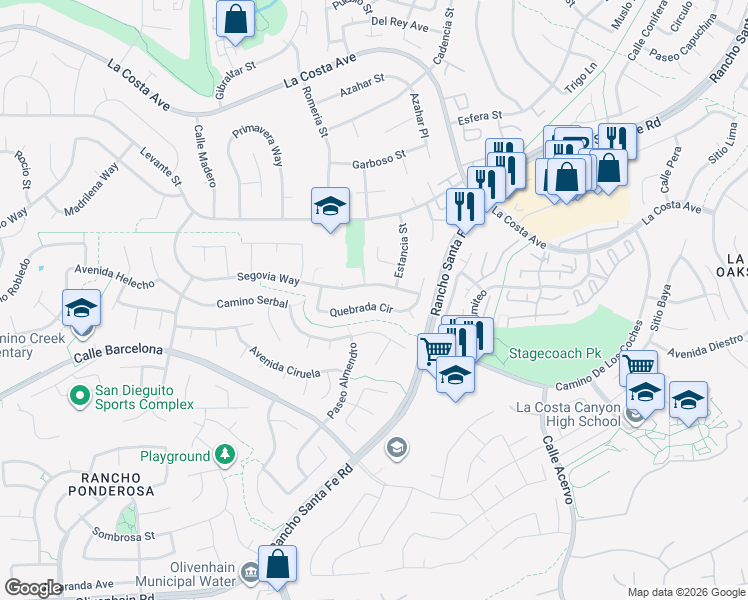map of restaurants, bars, coffee shops, grocery stores, and more near 3102 Quebrada Circle in Carlsbad