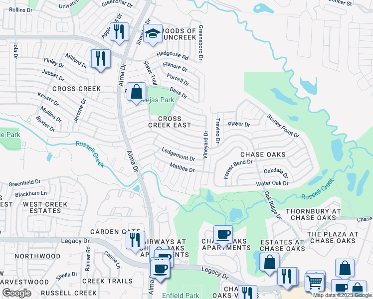 map of restaurants, bars, coffee shops, grocery stores, and more near 824 Baxter Drive in Plano
