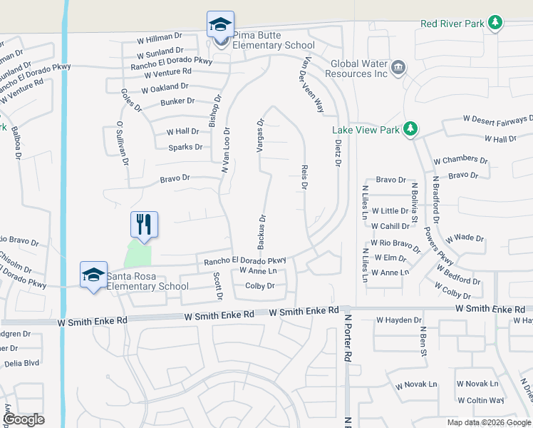 map of restaurants, bars, coffee shops, grocery stores, and more near 21765 Backus Drive in Maricopa