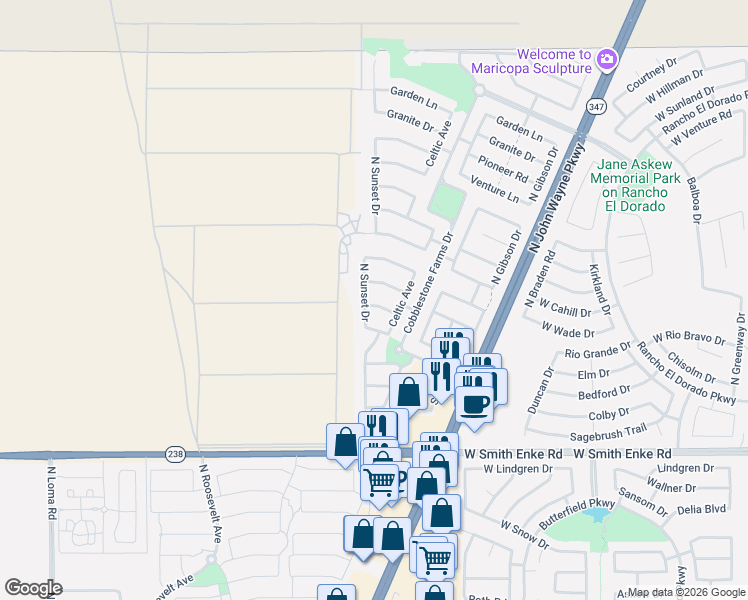 map of restaurants, bars, coffee shops, grocery stores, and more near 44576 Vineyard Street in Maricopa