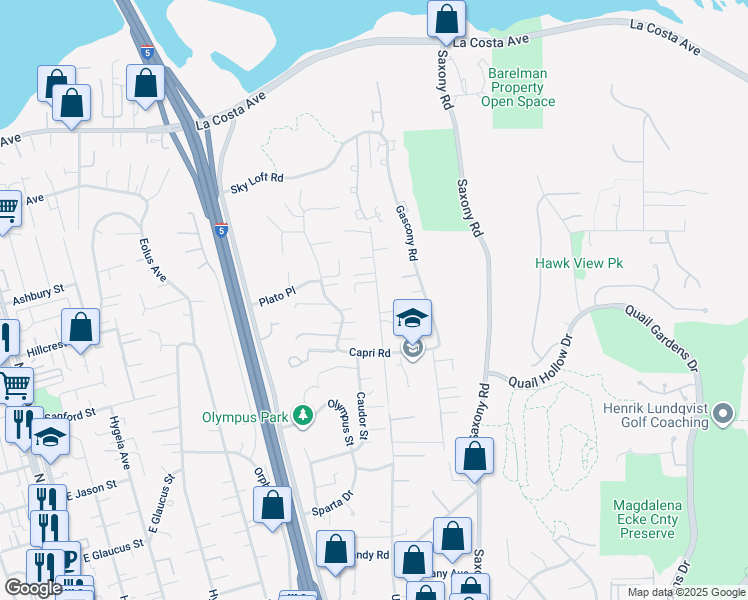 map of restaurants, bars, coffee shops, grocery stores, and more near 1570 Burgundy Road in Encinitas