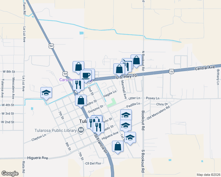 map of restaurants, bars, coffee shops, grocery stores, and more near 1004 Lucille Avenue in Tularosa