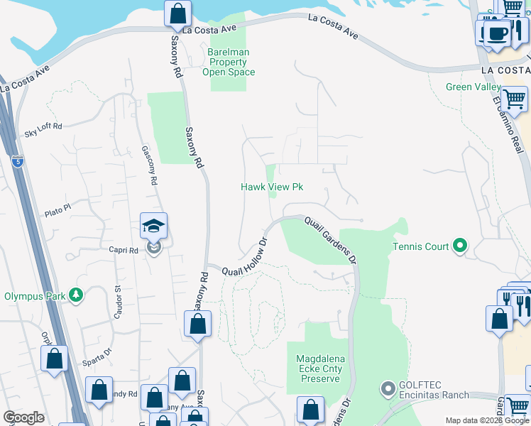 map of restaurants, bars, coffee shops, grocery stores, and more near 1620 Swallowtail Road in Encinitas