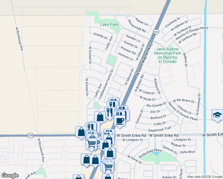 map of restaurants, bars, coffee shops, grocery stores, and more near 44331 Rhinestone Road in Maricopa