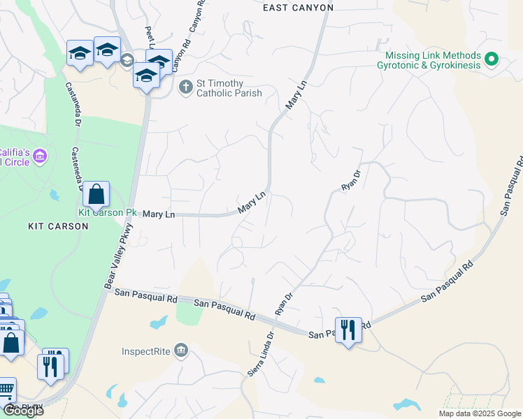 map of restaurants, bars, coffee shops, grocery stores, and more near 3430 Mary Lane in Escondido