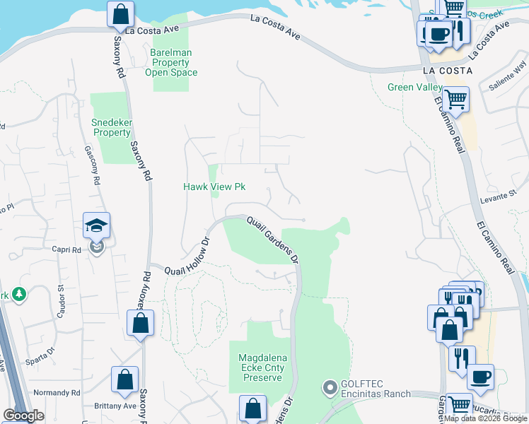 map of restaurants, bars, coffee shops, grocery stores, and more near 1355 Ravean Court in Encinitas
