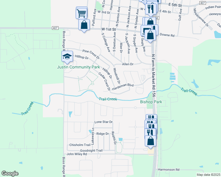 map of restaurants, bars, coffee shops, grocery stores, and more near 210 Cedar Crest Drive in Justin