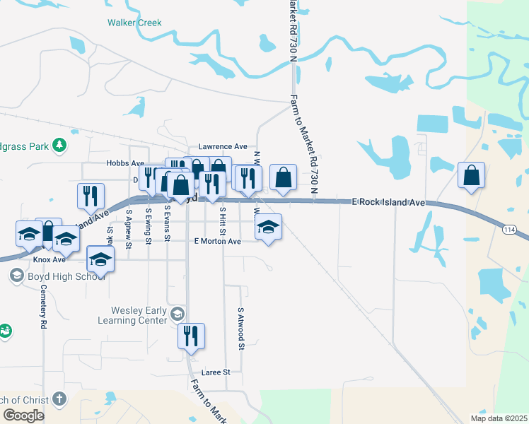 map of restaurants, bars, coffee shops, grocery stores, and more near 421 South Wilson Street in Boyd