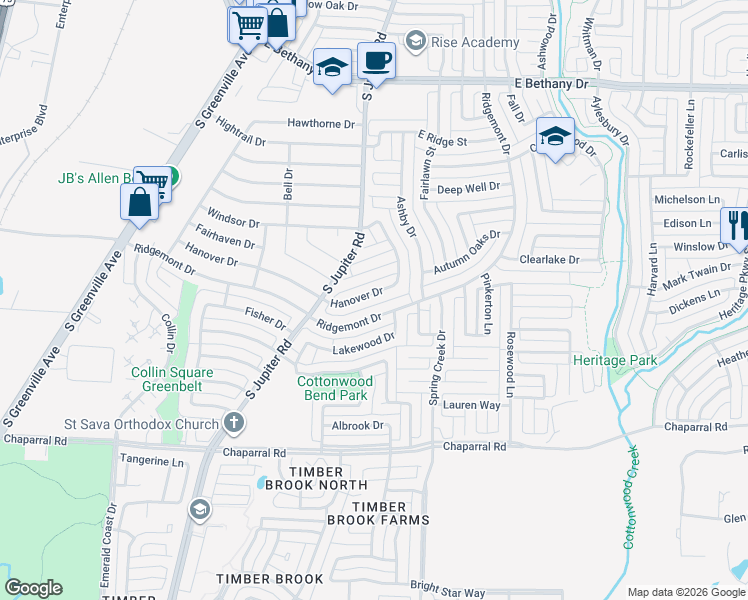 map of restaurants, bars, coffee shops, grocery stores, and more near 620 Hanover Drive in Allen