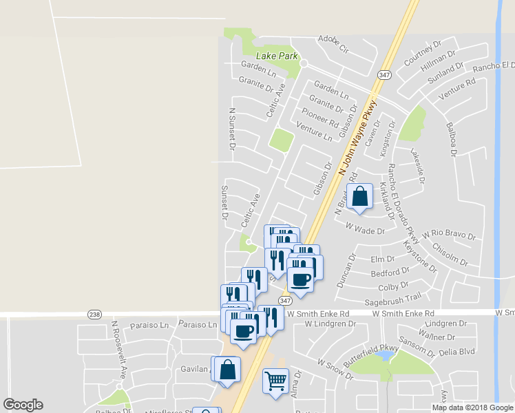 map of restaurants, bars, coffee shops, grocery stores, and more near 21807 Celtic Avenue in Maricopa