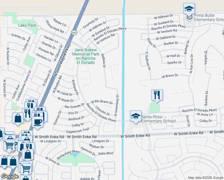 map of restaurants, bars, coffee shops, grocery stores, and more near 43303 Little Drive in Maricopa