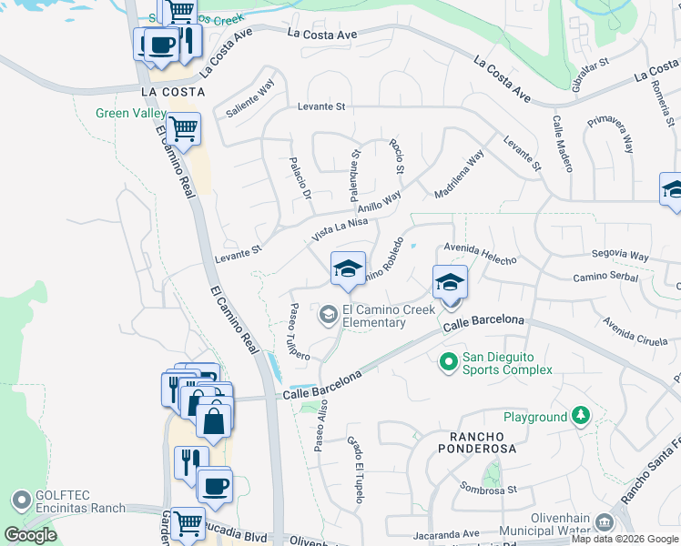 map of restaurants, bars, coffee shops, grocery stores, and more near 2221 Corte Ananas in Carlsbad