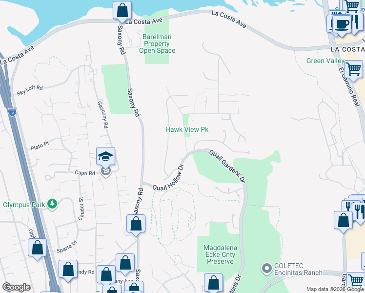 map of restaurants, bars, coffee shops, grocery stores, and more near 1620 Swallowtail Road in Encinitas