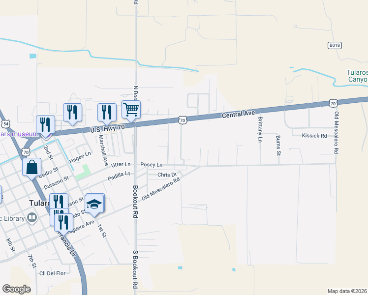 map of restaurants, bars, coffee shops, grocery stores, and more near 1100 Montezuma Avenue in Tularosa