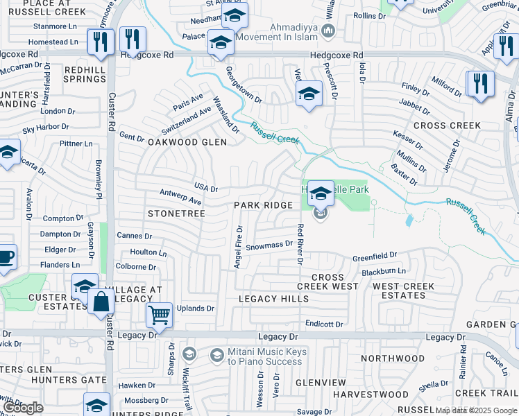 map of restaurants, bars, coffee shops, grocery stores, and more near 1800 Antwerp Avenue in Plano