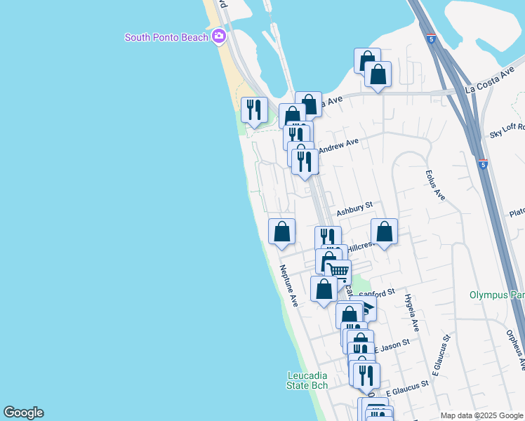 map of restaurants, bars, coffee shops, grocery stores, and more near 1744 Tattenham Road in Encinitas