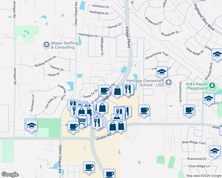 map of restaurants, bars, coffee shops, grocery stores, and more near 2914 Butterfield Stage Road in Highland Village