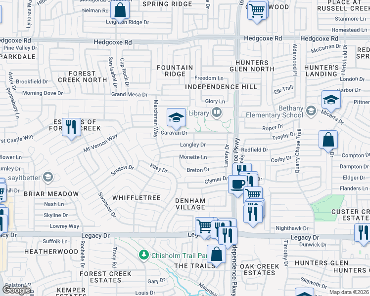 map of restaurants, bars, coffee shops, grocery stores, and more near 3228 Langley Drive in Plano