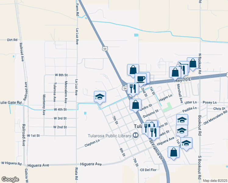 map of restaurants, bars, coffee shops, grocery stores, and more near 1101 Lawrence Drive in Tularosa
