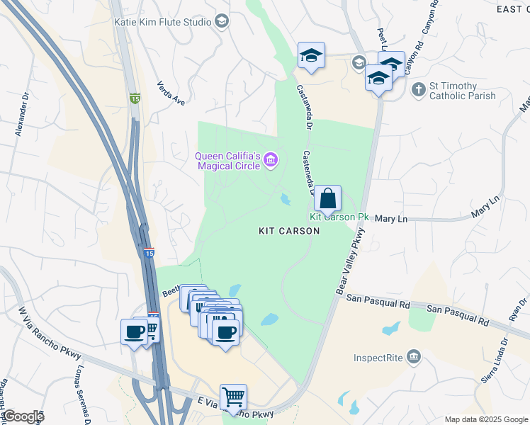 map of restaurants, bars, coffee shops, grocery stores, and more near 3333 Bear Valley Pkwy S in Escondido
