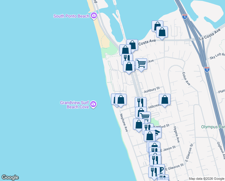 map of restaurants, bars, coffee shops, grocery stores, and more near 1744 Tattenham Road in Encinitas