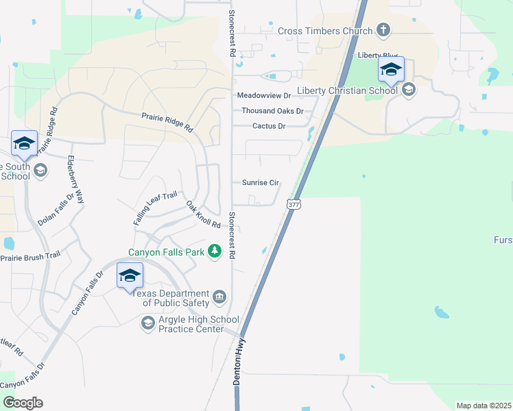 map of restaurants, bars, coffee shops, grocery stores, and more near Sunrise Circle in Flower Mound