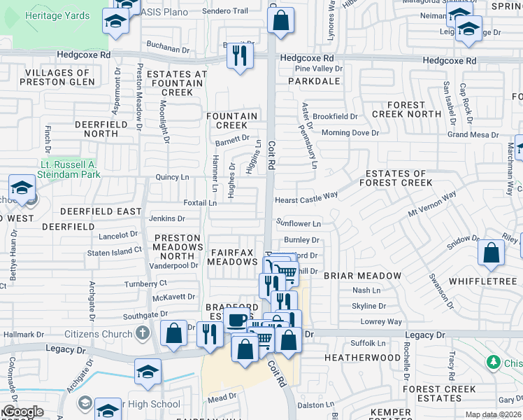 map of restaurants, bars, coffee shops, grocery stores, and more near 7404 Wildflower Drive in Plano
