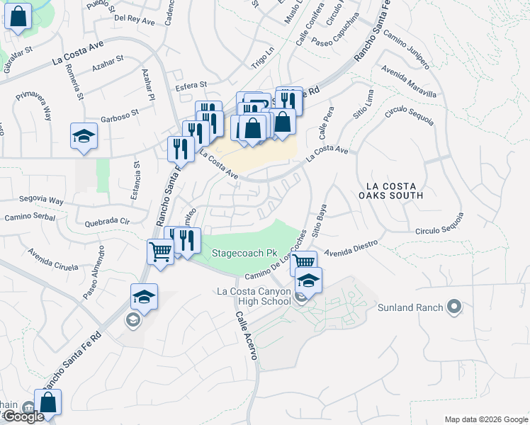 map of restaurants, bars, coffee shops, grocery stores, and more near 7753 Caminito Encanto in Carlsbad