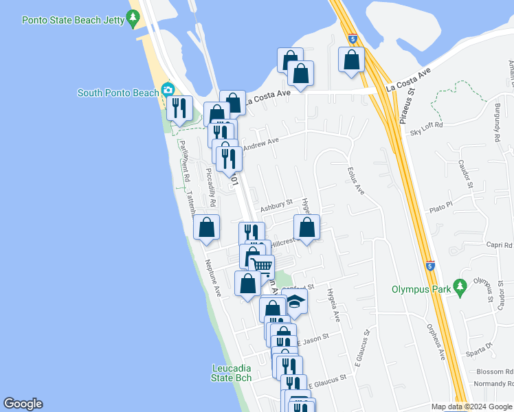 map of restaurants, bars, coffee shops, grocery stores, and more near 1717 North Vulcan Avenue in Encinitas