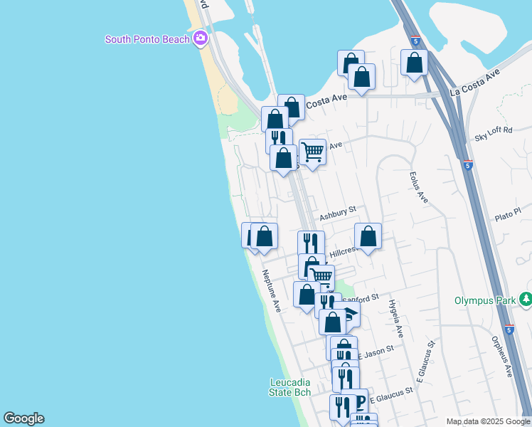map of restaurants, bars, coffee shops, grocery stores, and more near 1743 Whitehall Road in Encinitas