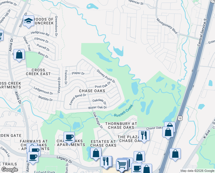 map of restaurants, bars, coffee shops, grocery stores, and more near 608 Post Oak Drive in Plano