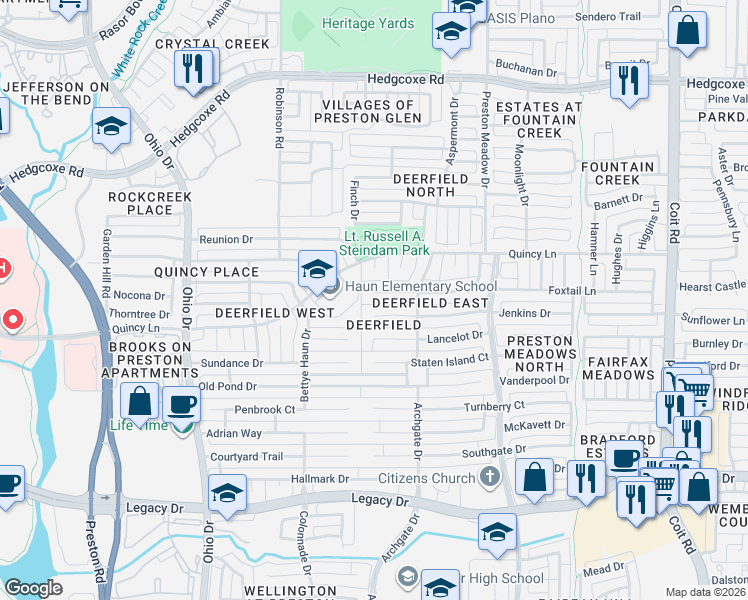 map of restaurants, bars, coffee shops, grocery stores, and more near 4568 Saint James Drive in Plano
