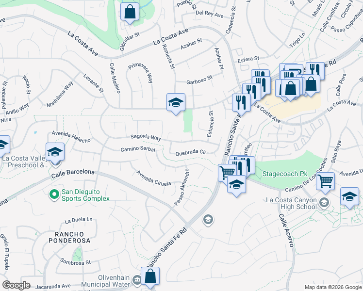 map of restaurants, bars, coffee shops, grocery stores, and more near 3017 Segovia Way in Carlsbad