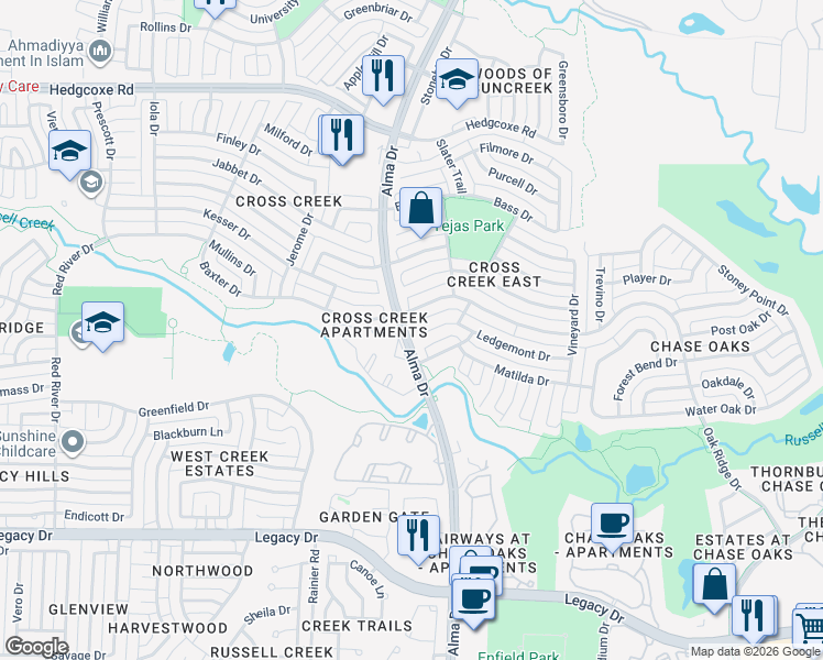 map of restaurants, bars, coffee shops, grocery stores, and more near 1029 Ledgemont Drive in Plano