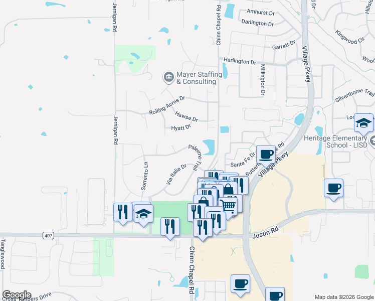 map of restaurants, bars, coffee shops, grocery stores, and more near 6729 Palermo Trail in Flower Mound