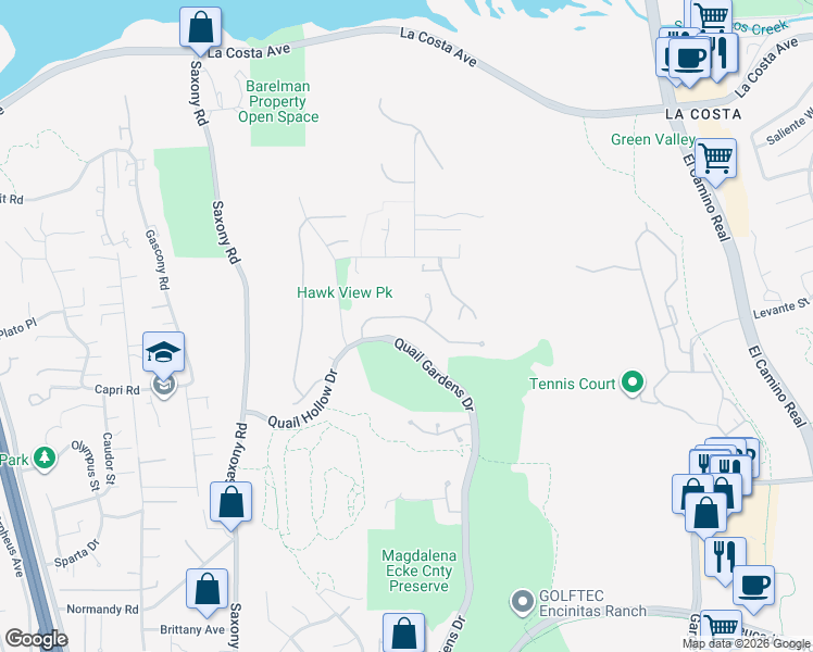 map of restaurants, bars, coffee shops, grocery stores, and more near 1355 Ravean Court in Encinitas