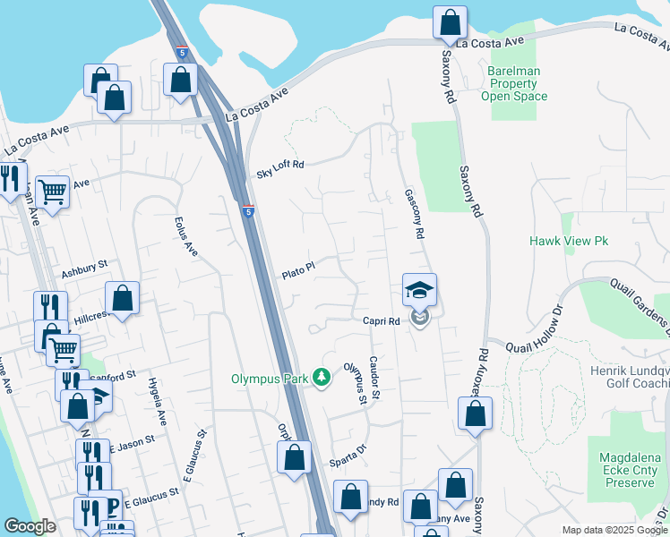 map of restaurants, bars, coffee shops, grocery stores, and more near 1586 Caudor Street in Encinitas