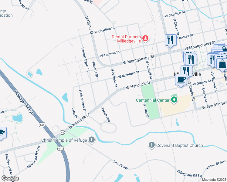 map of restaurants, bars, coffee shops, grocery stores, and more near 1001 West Hancock Street in Milledgeville