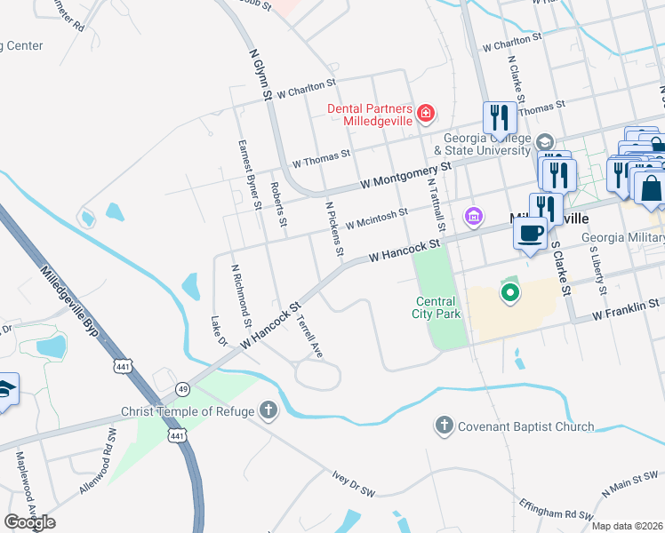 map of restaurants, bars, coffee shops, grocery stores, and more near 1001 West Hancock Street in Milledgeville