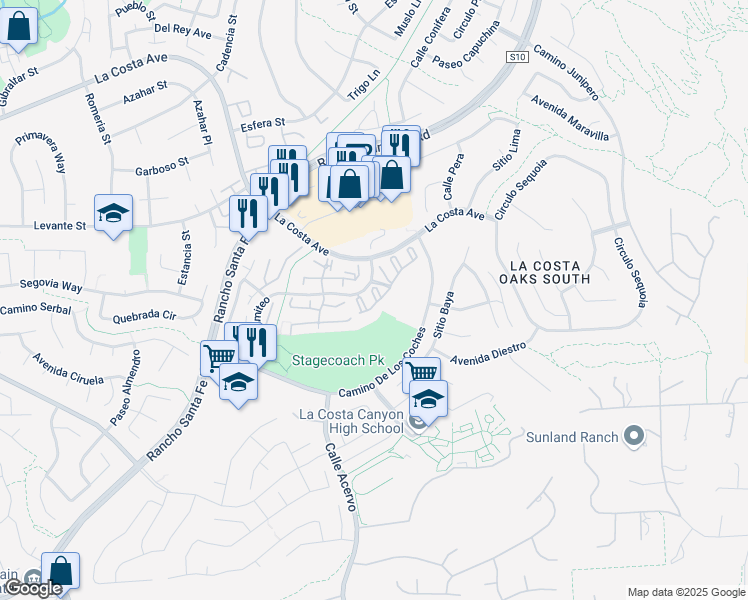 map of restaurants, bars, coffee shops, grocery stores, and more near 3463 Caminito Sierra in Carlsbad