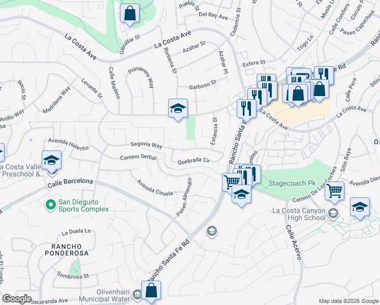map of restaurants, bars, coffee shops, grocery stores, and more near 3017 Segovia Way in Carlsbad