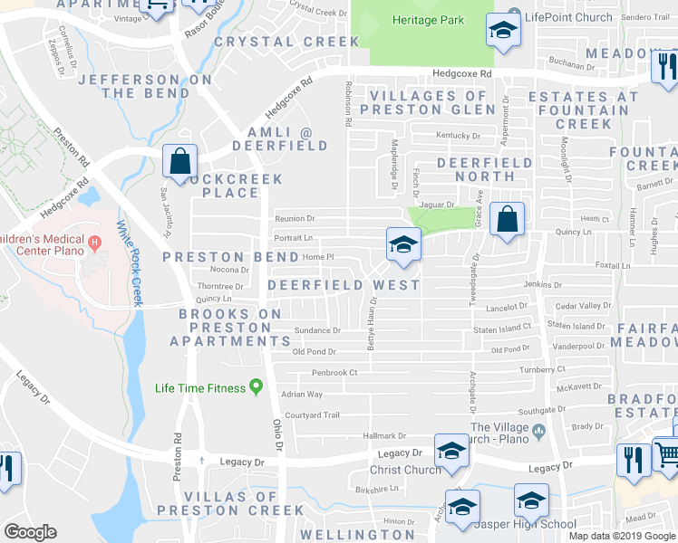 map of restaurants, bars, coffee shops, grocery stores, and more near 7312 Cody Court in Plano