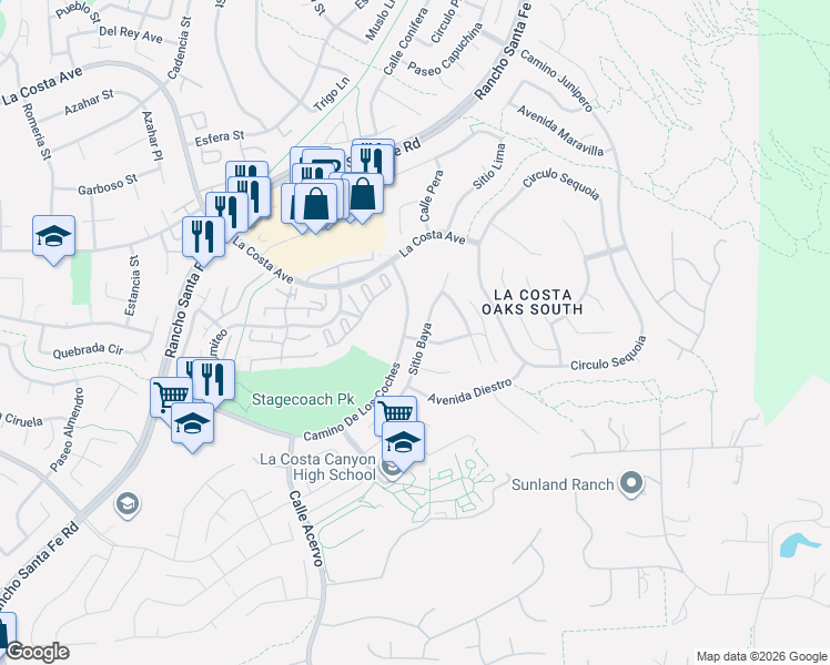 map of restaurants, bars, coffee shops, grocery stores, and more near 3530 Sitio Baya in Carlsbad