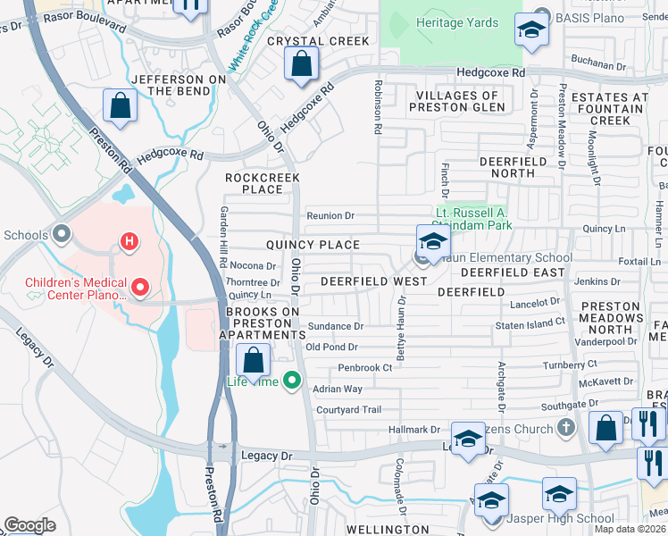 map of restaurants, bars, coffee shops, grocery stores, and more near 4657 Thanksgiving Lane in Plano