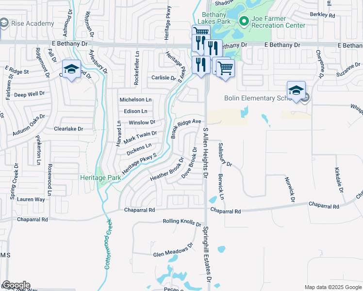 map of restaurants, bars, coffee shops, grocery stores, and more near 1210 Heather Brook Drive in Allen